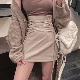 High-waist Faux Leather Lace-up Mini Skirt