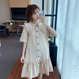 Short-sleeve Collared Plaid Shirt Dress