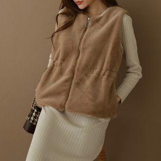 Drawcord Zipped Eco-fur Vest