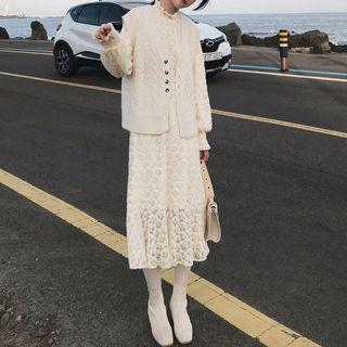 Set: Slipdress + Long-sleeve Lace A-line Midi Dress
