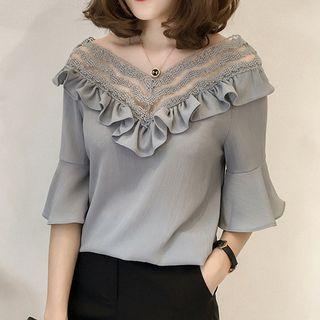 Bell-sleeve Lace Trim Chiffon Top