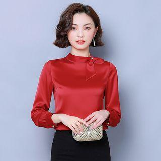 Long-sleeve Tie-neck Satin Top