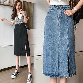 High-waist Plain Side-slit Denim Skirt