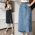 High-waist Plain Side-slit Denim Skirt