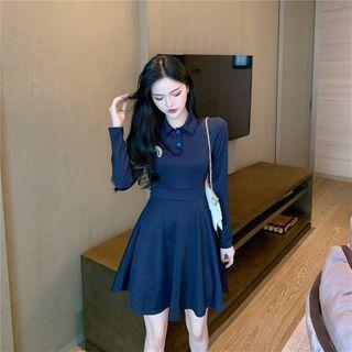 Polo-neck Long-sleeve Mini A-line Dress