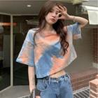 Short-sleeve Round Neck Tie-dyed Lettering Cropped T-shirt