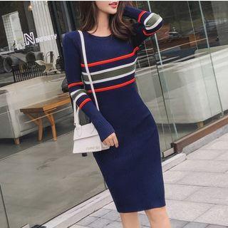 Striped Long-sleeve Knit Sheath Dress Dark Blue - One Size