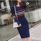 Striped Long-sleeve Knit Sheath Dress Dark Blue - One Size