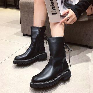 Faux Leather Stitched Trim Platform Low Heel Short Boots