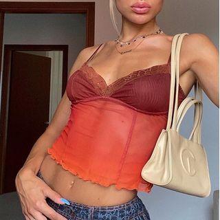 Lace-trim Lettuce-edge Mesh Cropped Camisole Top