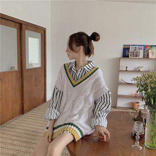 Long-sleeve Striped Shirt / Oversized V-neck Knit Vest
