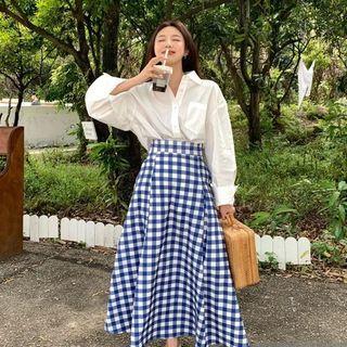 Puff-sleeve Shirt / Gingham Maxi A-line Skirt