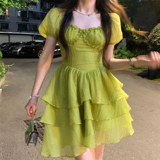 Puff-sleeve Layered A-line Corset Dress