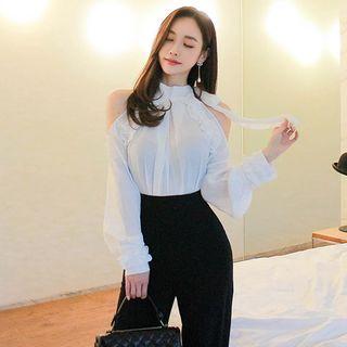 Set: Long-sleeve Cold Shoulder Top + Wide-leg Pants