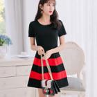 Striped-hem Short-sleeved A-line Dress