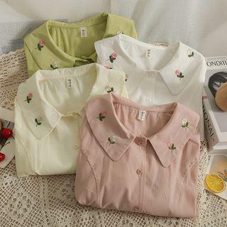 Embroidered Puff-sleeve Loose Shirt