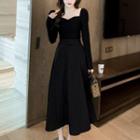 Square-neck Sheath Long-sleeve Top / Embossed Skirt
