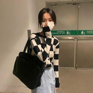 Long-sleeve Checkerboard Knit Top Checkerboard - Black & White - One Size