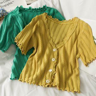 Ruffled-trim Button-up Crop Knit Top