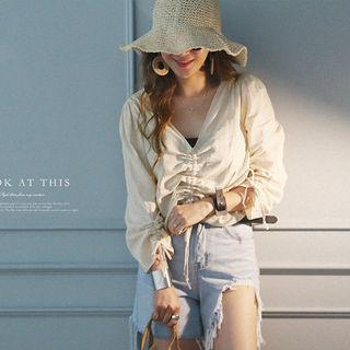 Deep V-neck Shirred Blouse