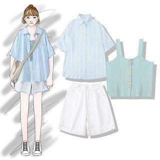 Striped Short-sleeve Shirt / Knit Camisole / Shorts