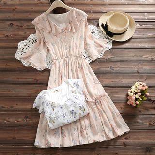 Bell-sleeve Floral Print A-line Chiffon Dress