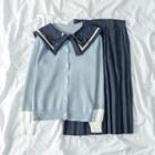 Contrast Cuff Cardigan / Pleated Skirt / Collar
