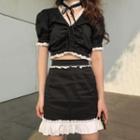 Set: Short-sleeve Cropped T-shirt + Skirt + Halter Black - One Size