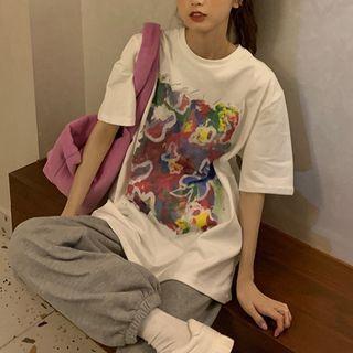 Short-sleeve Loose-fit Graffiti Print T-shirt