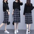 Set: Long-sleeve T-shirt + Plaid A-line Skirt