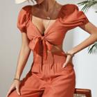 Set: Short-sleeve Tie-front Crop Top + Wide Leg Pants