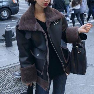 Faux Leather Zip Coat As Shown In Figure - One Size