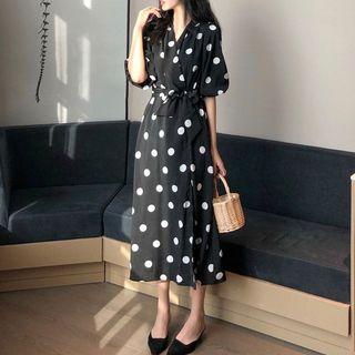 Elbow-sleeve Dotted Midi Wrap Dress Black - One Size