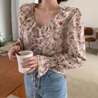 Ruffled Shirred Floral Blouse Beige - One Size
