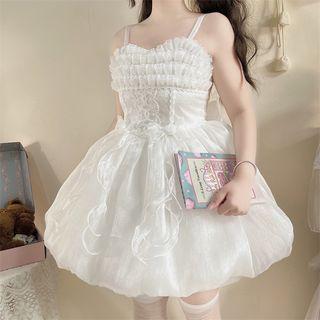 Elbow-sleeve Plain A-line Dress White - One Size