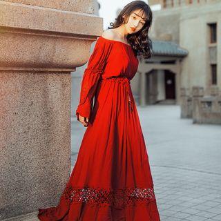 Perforated Off Shoulder Long Sleeve Maxi Dress