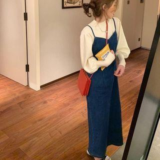 Drawstring Denim Split Pinafore Dress