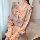 Long-sleeve V-neck Floral Ruffle Trim Loose Fit Blouse