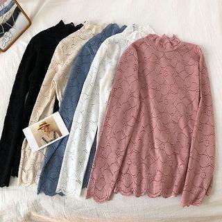 Plain Turtle-neck Long-sleeve Lace Top