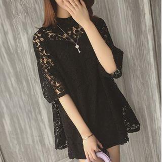 Set: Elbow-sleeve Lace Panel Dress + Slipdress