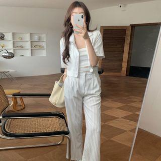 Short-sleeve Striped Blazer / Wide-leg Pants