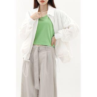 Collared Shirred Zip-up Jacket White - One Size