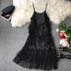 Spaghetti Strap Mesh Trim Midi Layered Dress