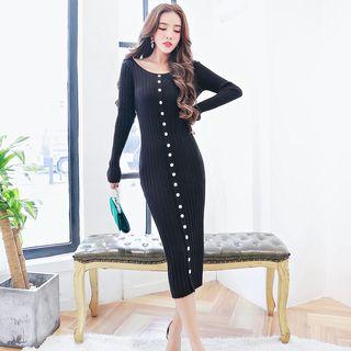 Buttoned Long-sleeve Midi Knit Dress