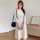 Long-sleeve Pleated Knit A-line Dress White - One Size