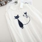 Cat Embroidered Shirt White - One Size