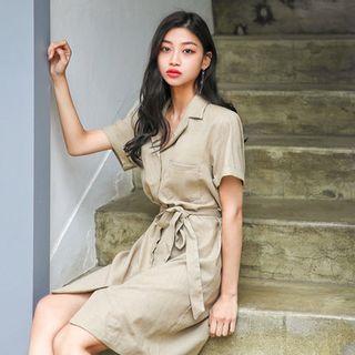 Notched-collar Linen Blend Shirtdress With Sash