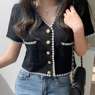 V-neck Piped Cropped Cardigan