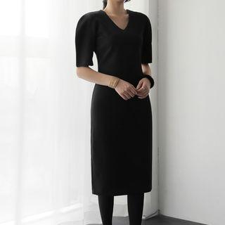 V-neck Puff-sleeve Midi Dress