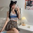 Lettering Crop Camisole Top / Plaid Pleated Mini A-line Skirt